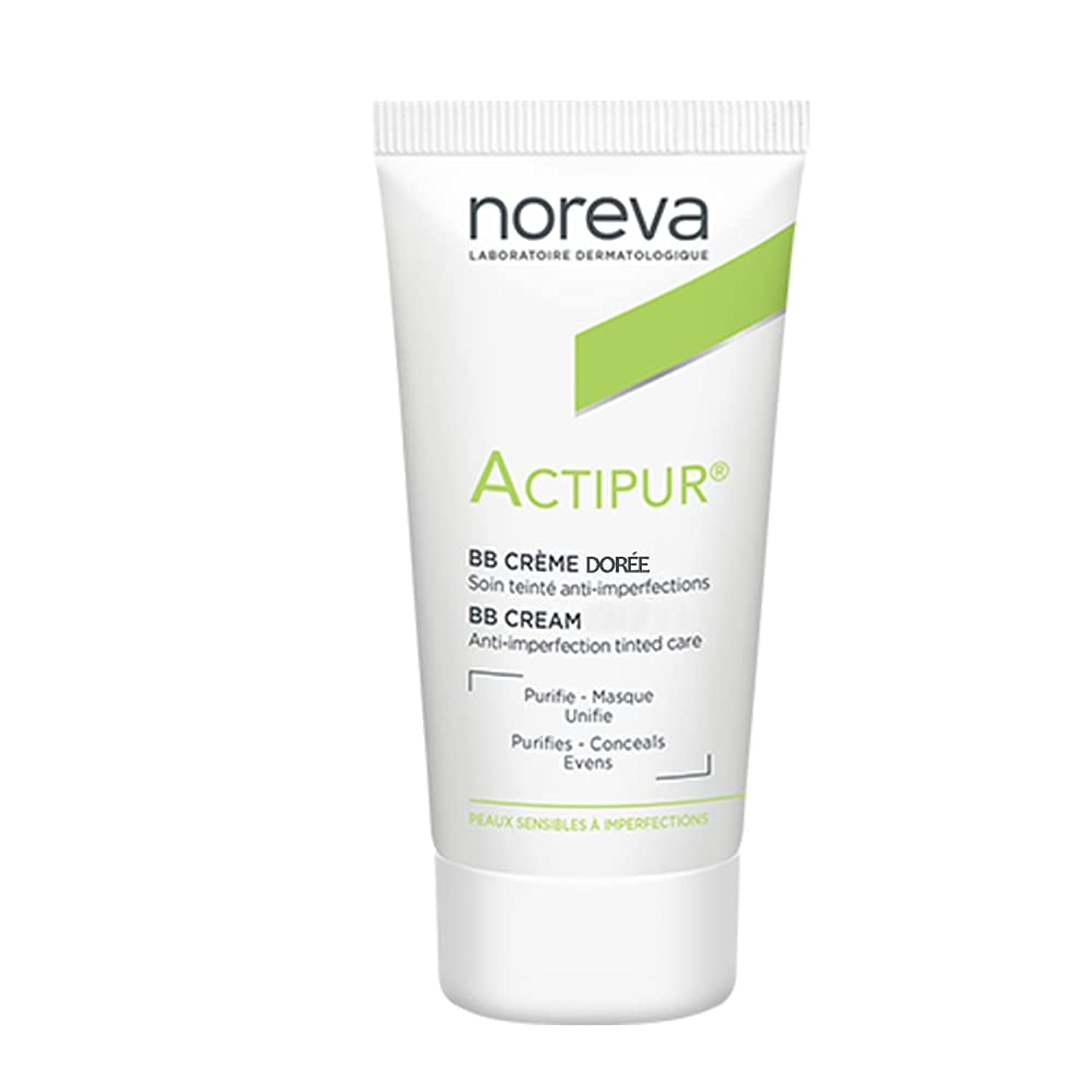 Noreva LED ACTIPUR golden-tinted cream packaging highlights travel-friendly design for daily use.