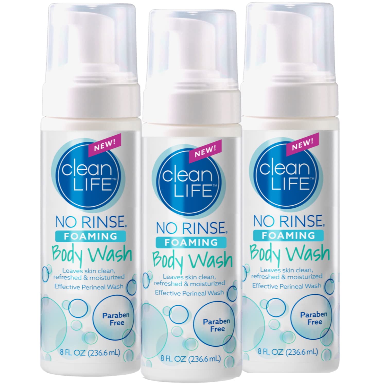 No-Rinse Foaming Body Wash bottle in a three-pack for home or travel use.