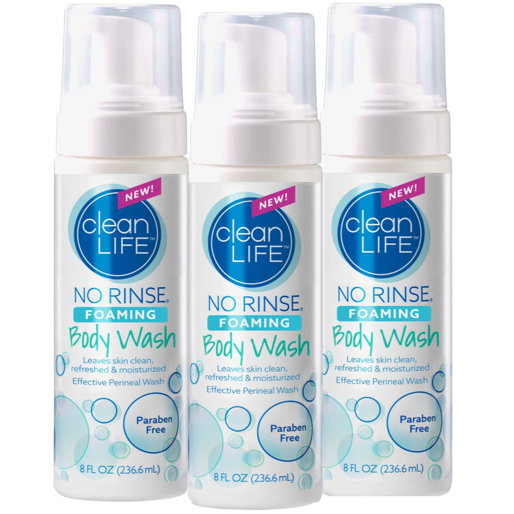 No-Rinse Foaming Body Wash bottle in a three-pack for home or travel use.
