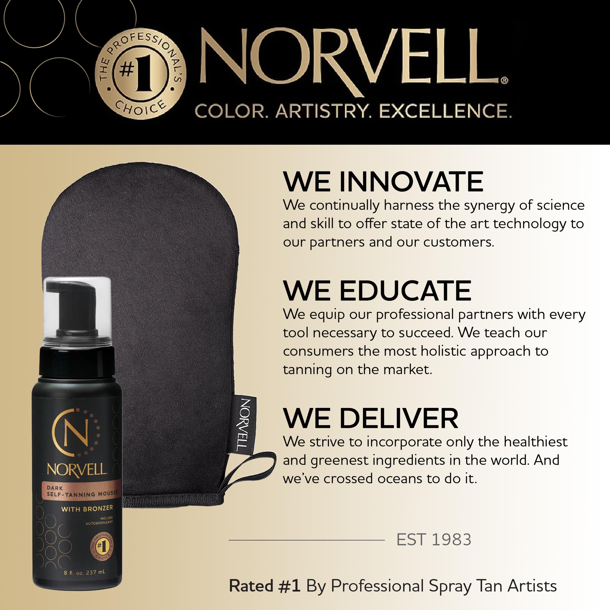 Packaging and bottle display of Norvell Sunless Dark Mousse.
