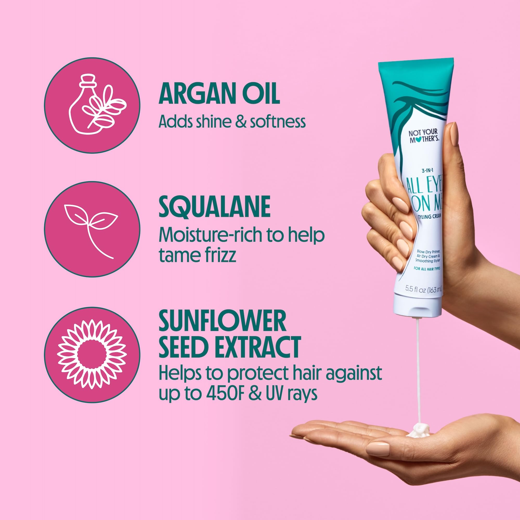 Not Your Mother's All Eyes On Me hands applying product for smoothing and frizz control