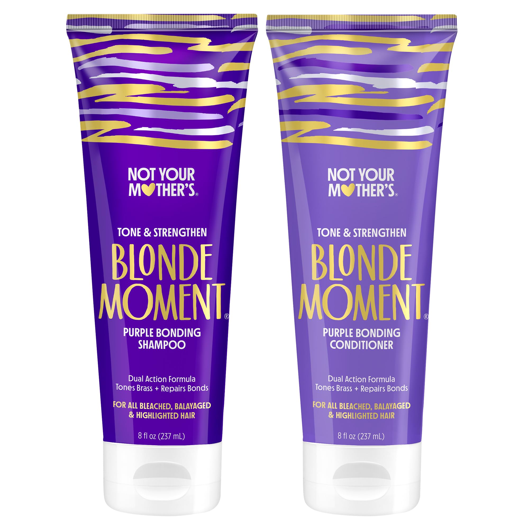 Not Your Mother's Blonde Moment purple shampoo bottle showing anti-brass toning benefits