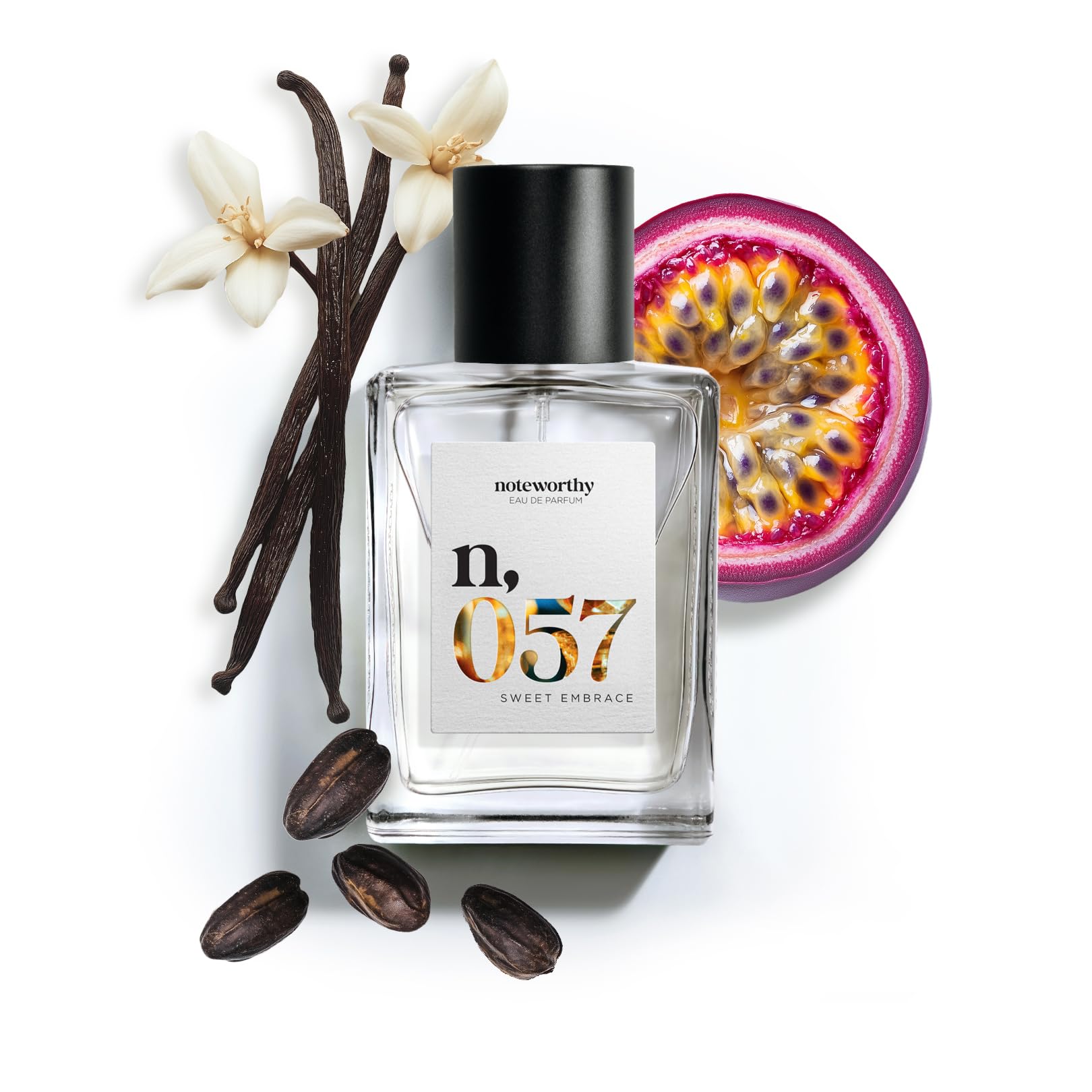 Noteworthy N057 Sweet Embrace bottle showing warm vanilla and passionfruit notes