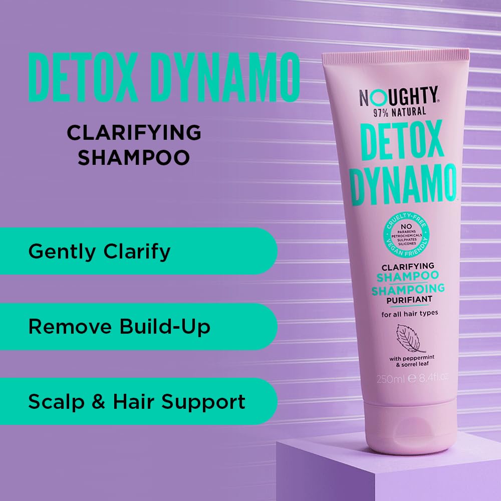Noughty Detox Dynamo bottle label showcases natural, vegan formula and sulfate-free benefits.