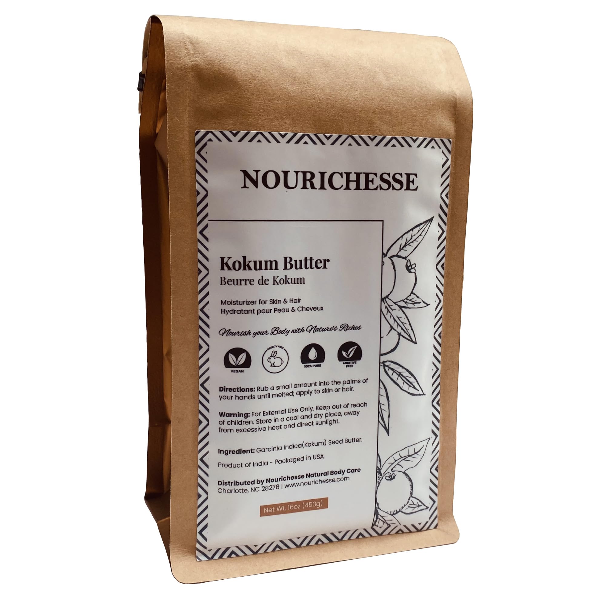 The Nourichesse Kokum Butter block 1lb shown, ideal for moisturizing skin.