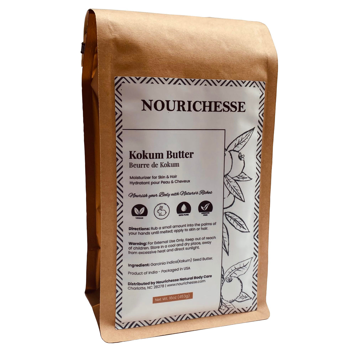 The Nourichesse Kokum Butter block 1lb shown, ideal for moisturizing skin.