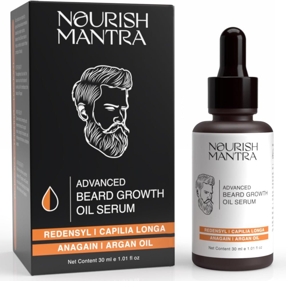 NOURISH MANTRA beard growth oil serum bottle for fuller beard
