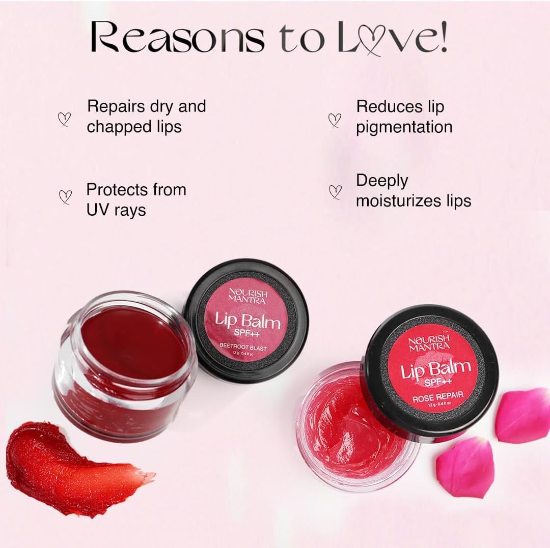 Nourish Mantra Beetroot Rose Lip Balm swatch showing rich moisture