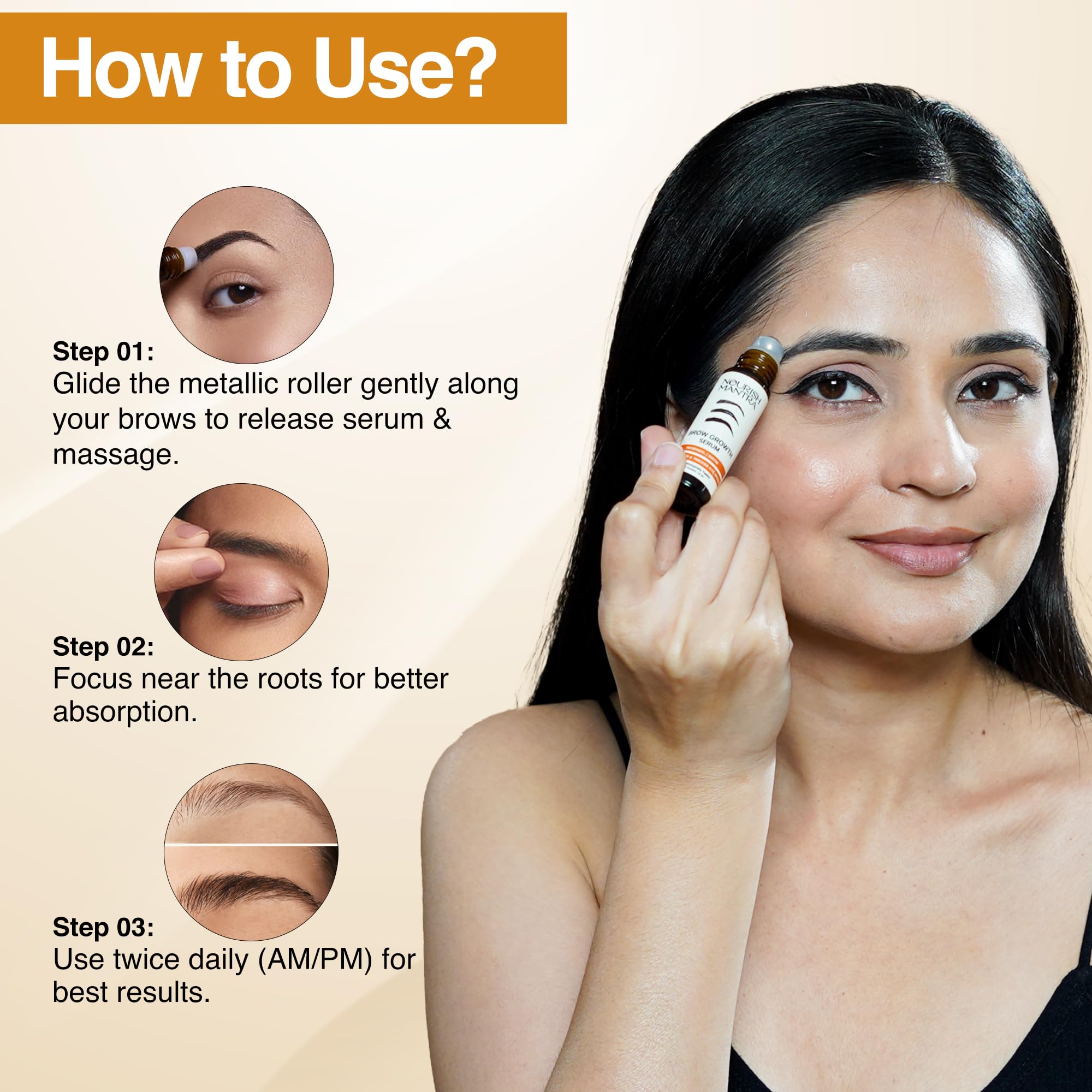 Nourish Mantra Eyebrow Growth Serum on brow illustrates targeted application