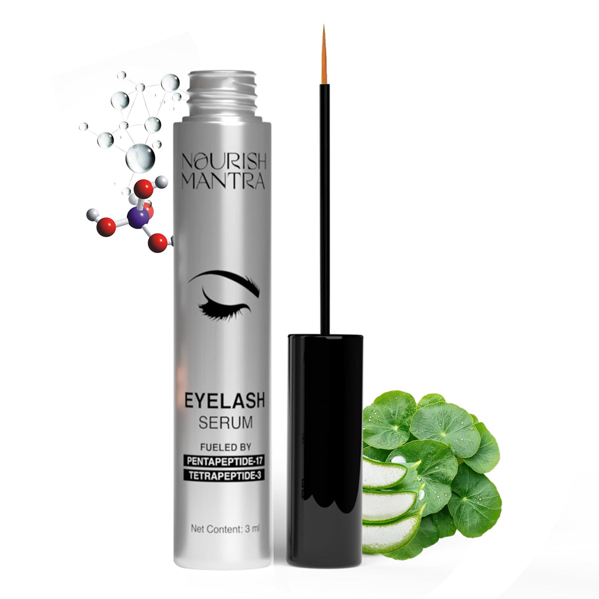 Nourish Mantra Eyelash Growth Serum with precision tip applied along the lash line for targeted absorption.