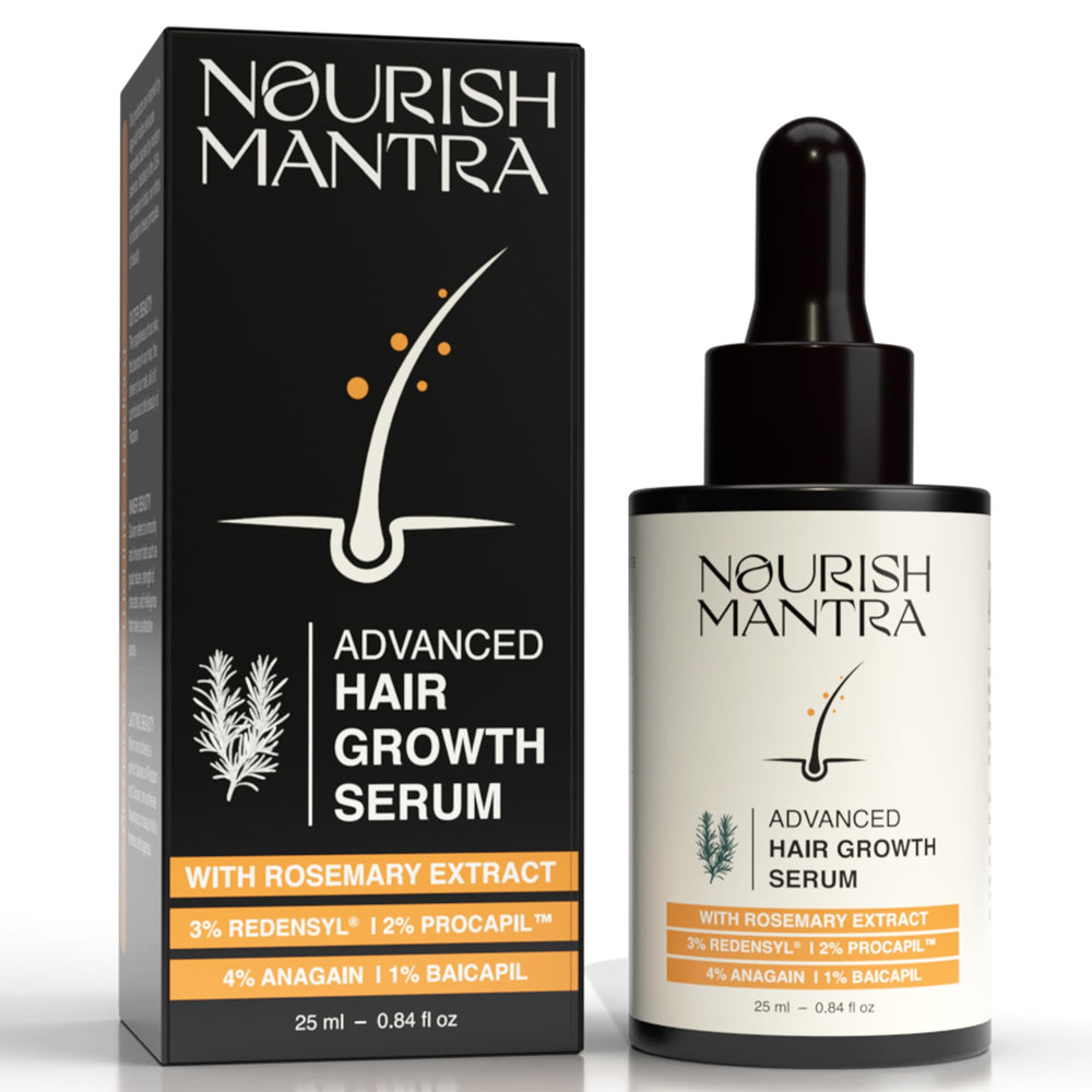 Nourish Mantra hair growth serum bottle closeup with easy-dispense applicator for scalp care.