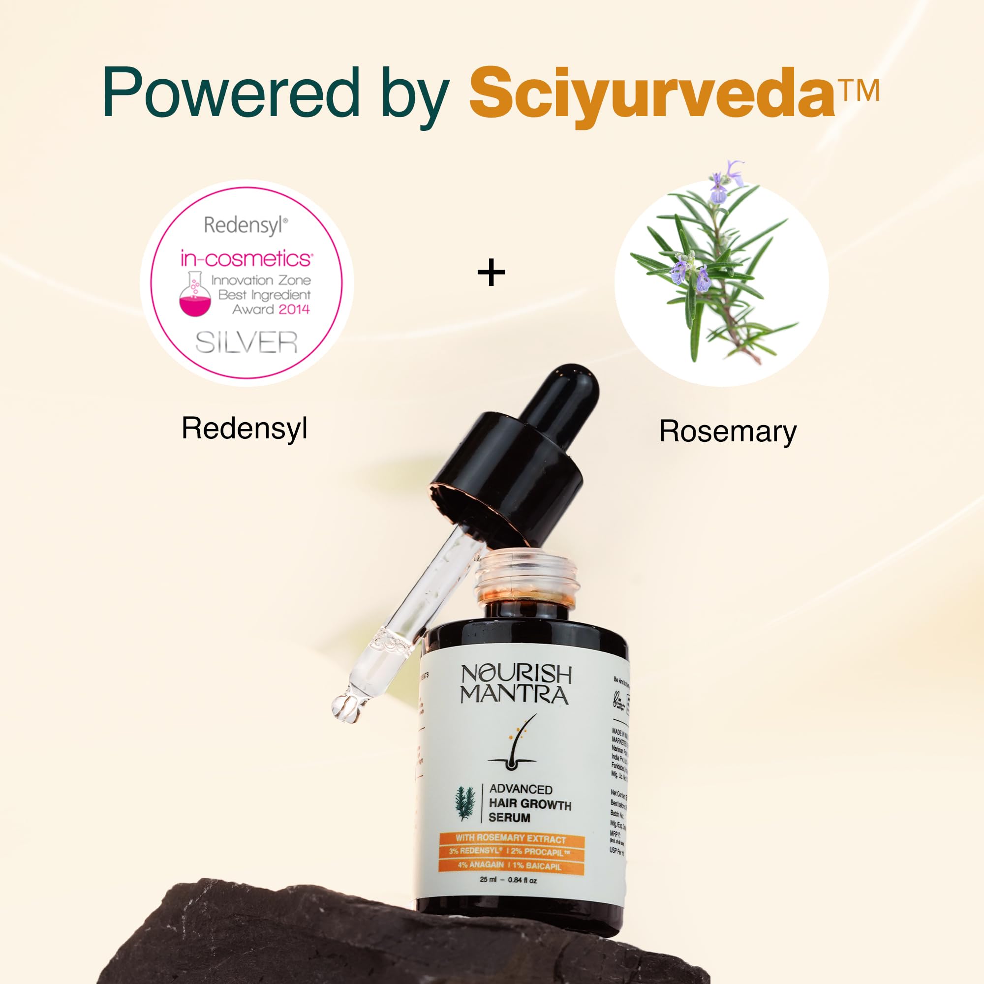Nourish Mantra packaging display highlighting science-backed formula for healthier-looking hair.