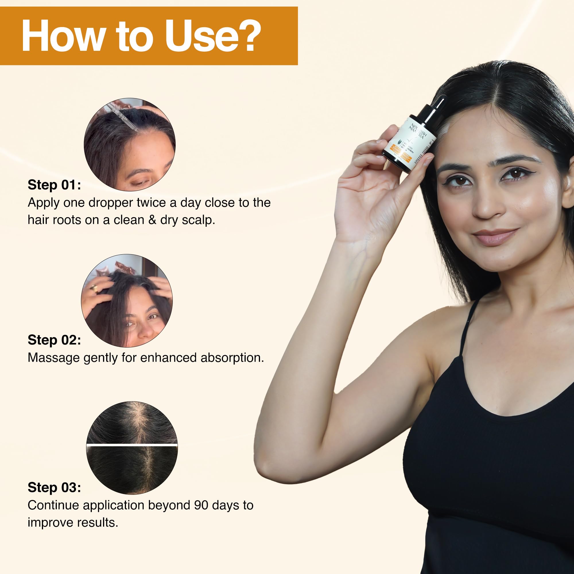 Nourish Mantra application on scalp demonstrating even distribution for nourishing coverage.