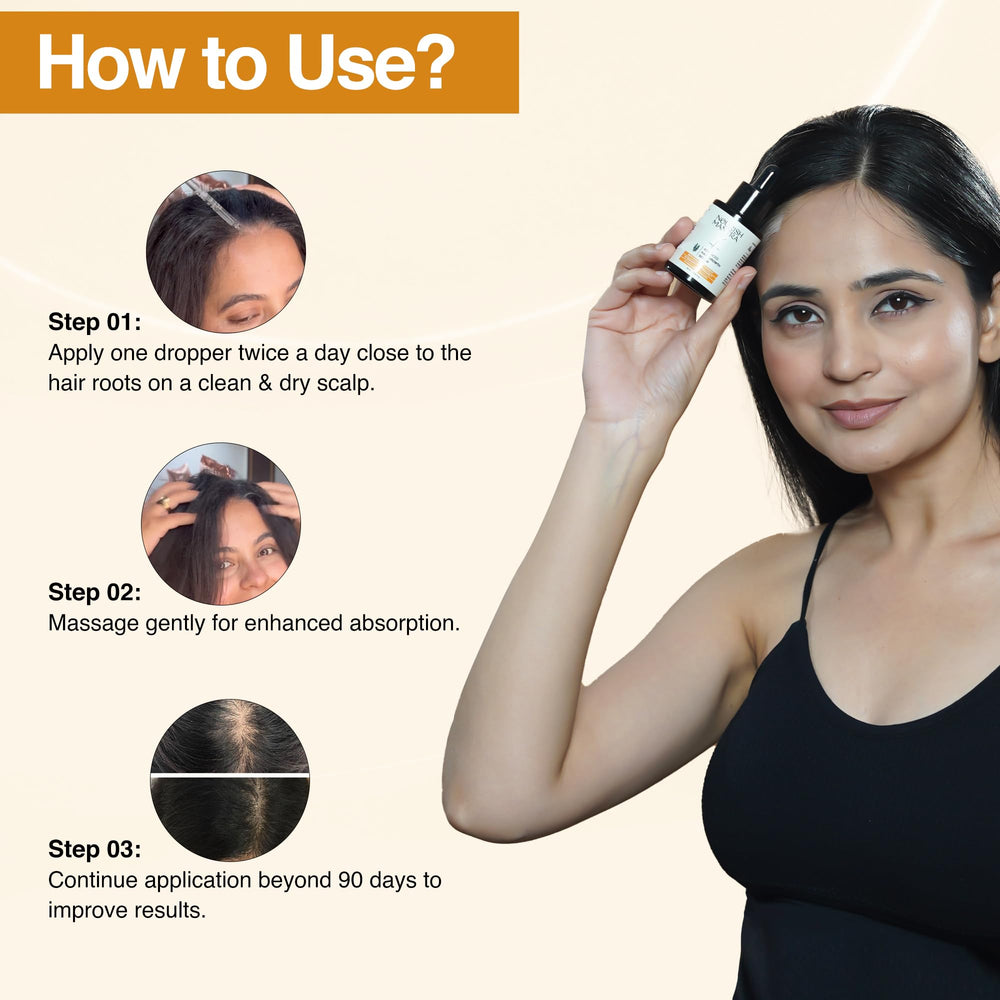 Nourish Mantra application on scalp demonstrating even distribution for nourishing coverage.
