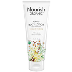 Nourish Organic Almond Vanilla lotion bottle for dry skin hydration.