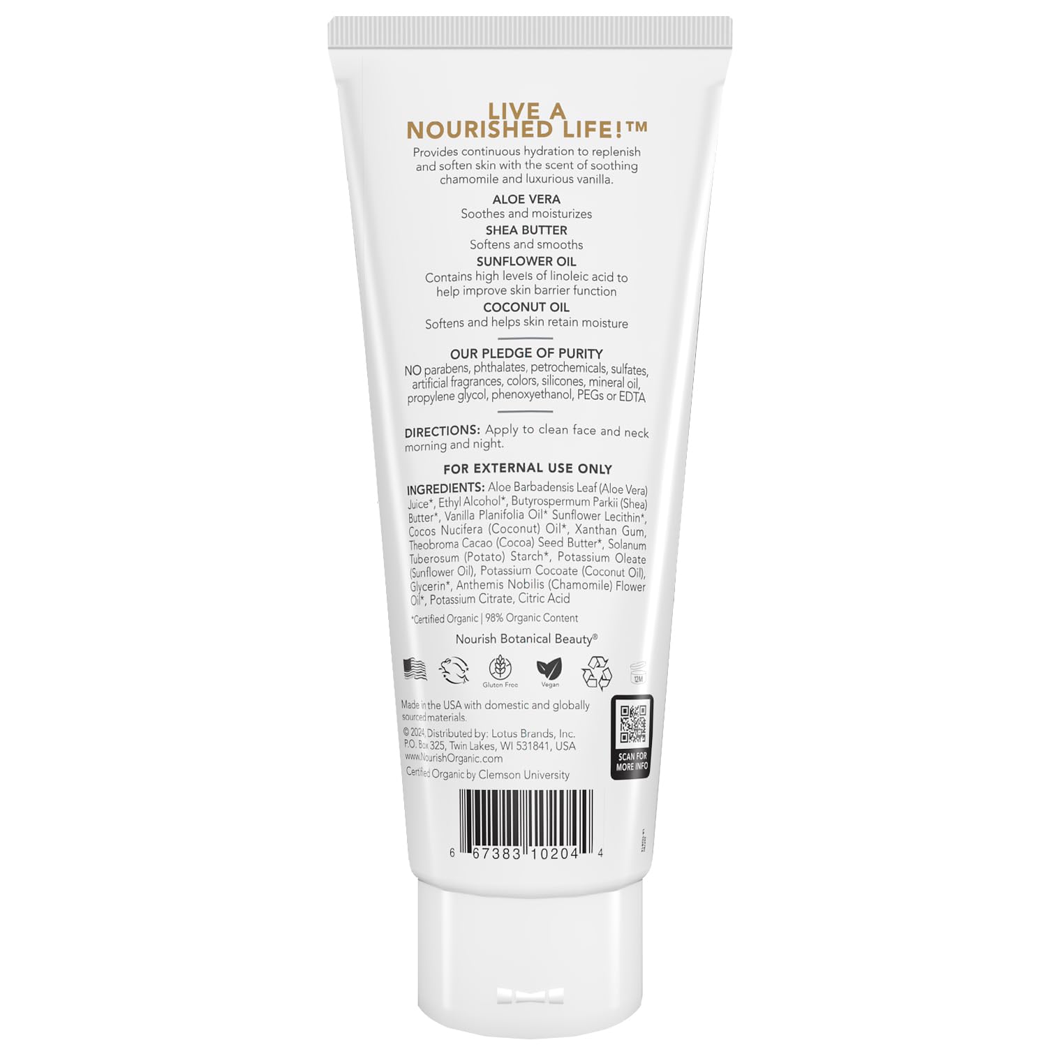 Nourish Organic Almond Vanilla lotion label shows vegan, cruelty-free skincare.