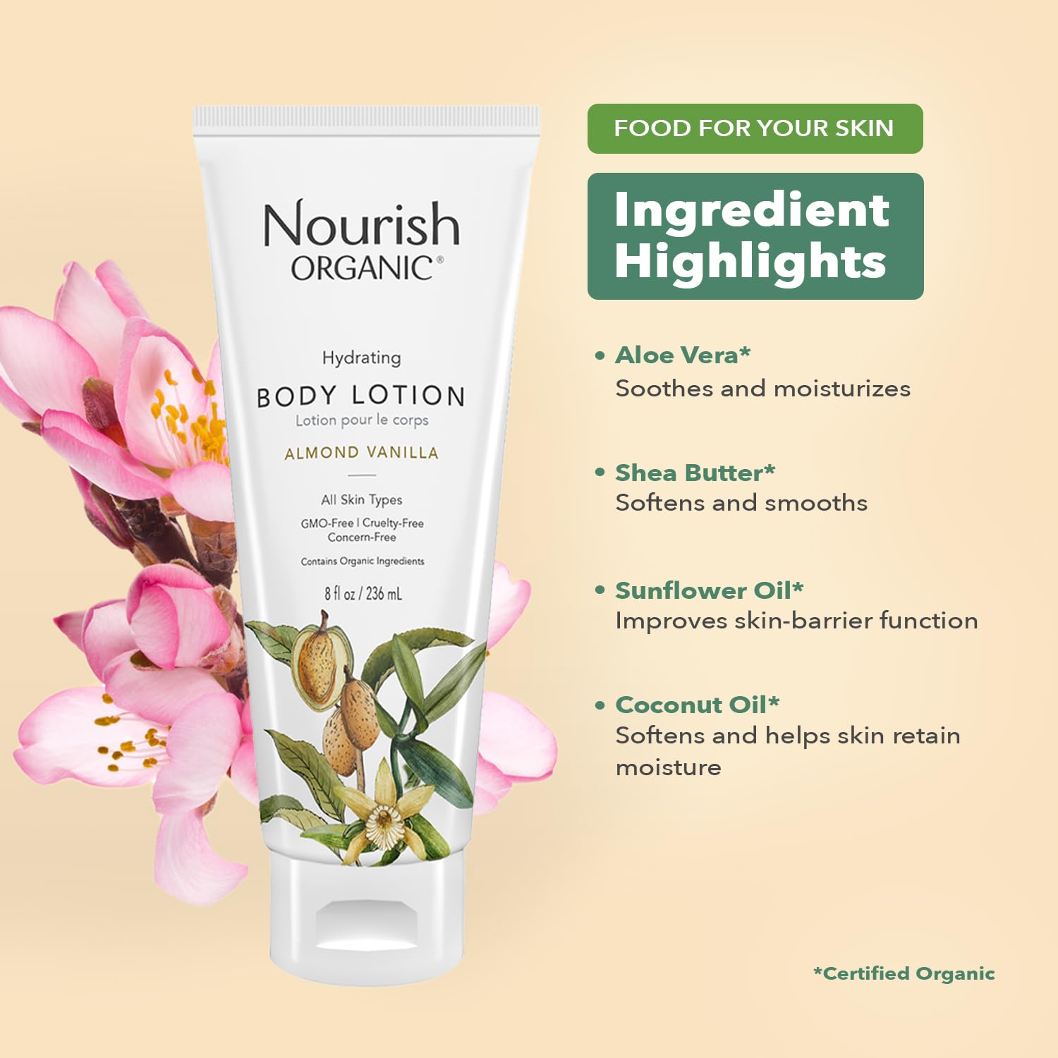 Nourish Organic Almond Vanilla lotion scent evokes vanilla and chamomile calm.