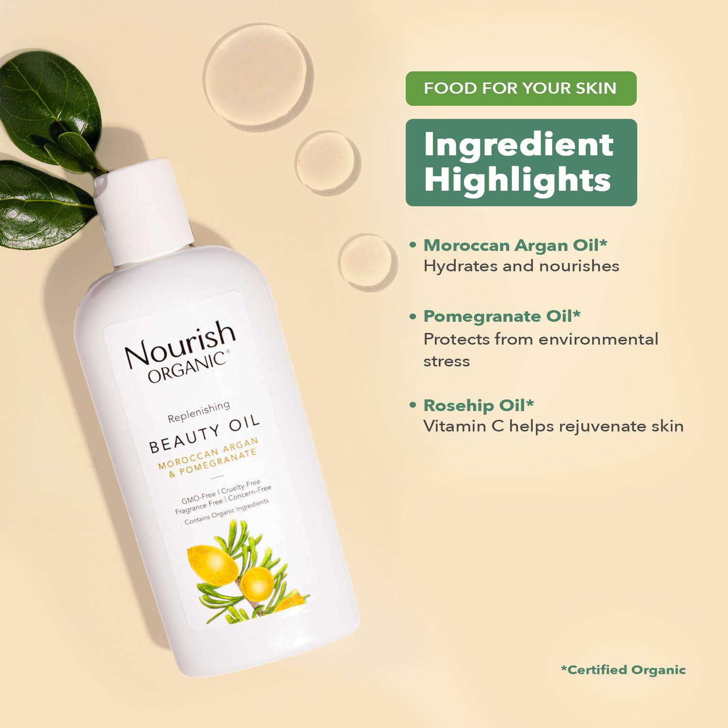 Nourish Organic Beauty Oil on skin achieving a soft, hydrated glow.
