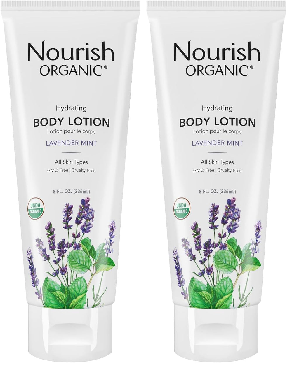 Nourish Organic lavender-mint body lotion bottle for calming daily hydration.
