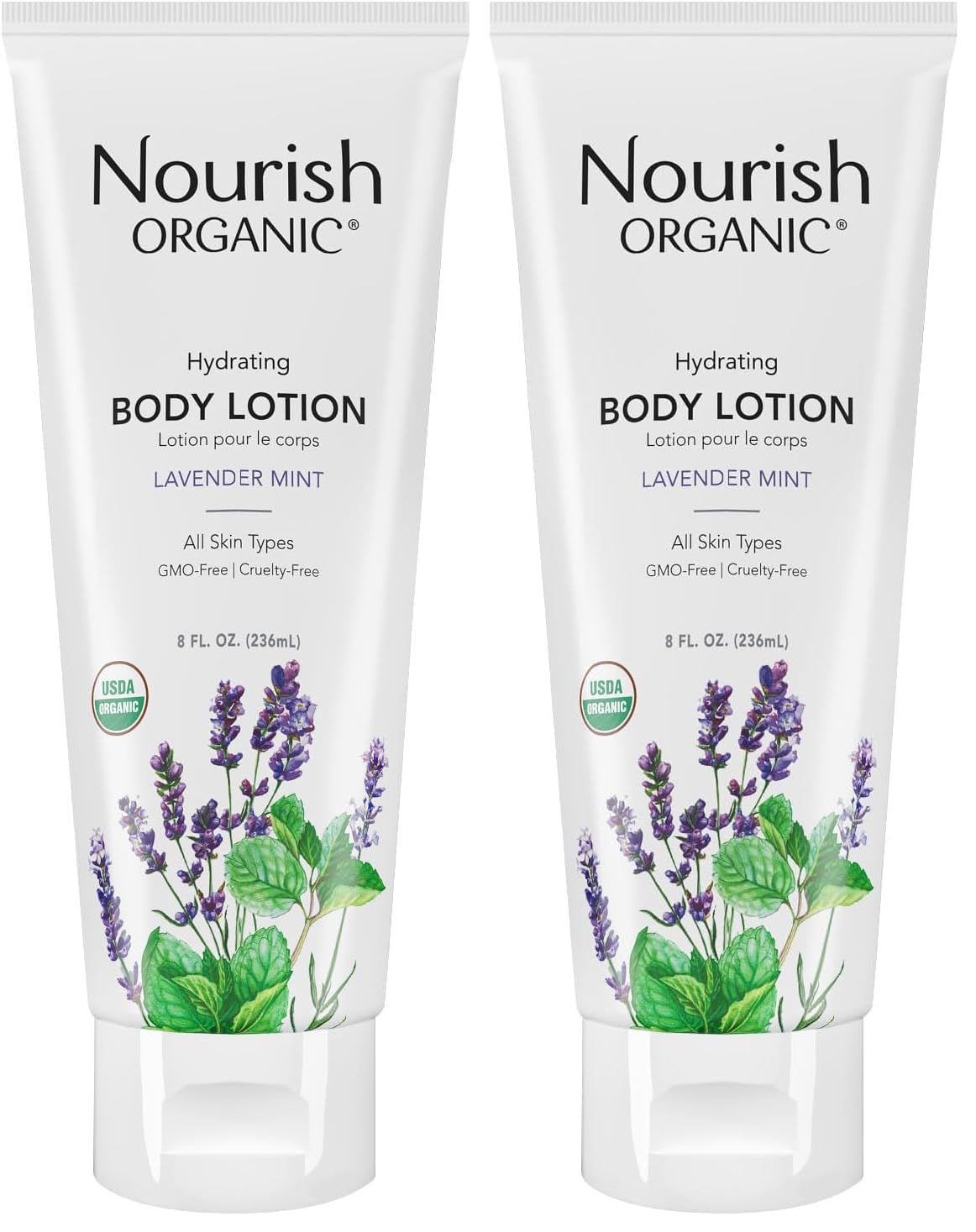 Nourish Organic lavender-mint body lotion bottle for calming daily hydration.