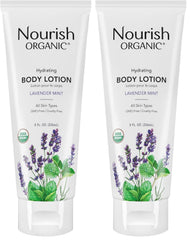 Nourish Organic lavender-mint body lotion bottle for calming daily hydration.