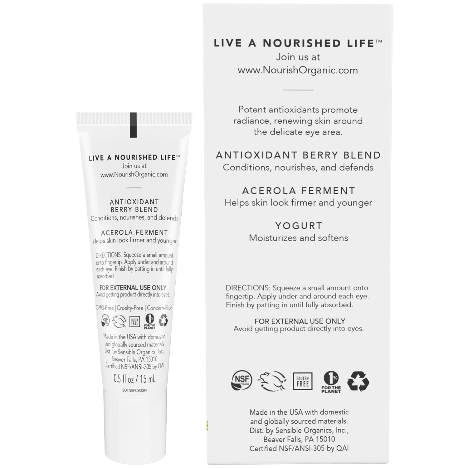 Nourish Organic Eye Treatment bottle with vitamin C highlight brightening potential.