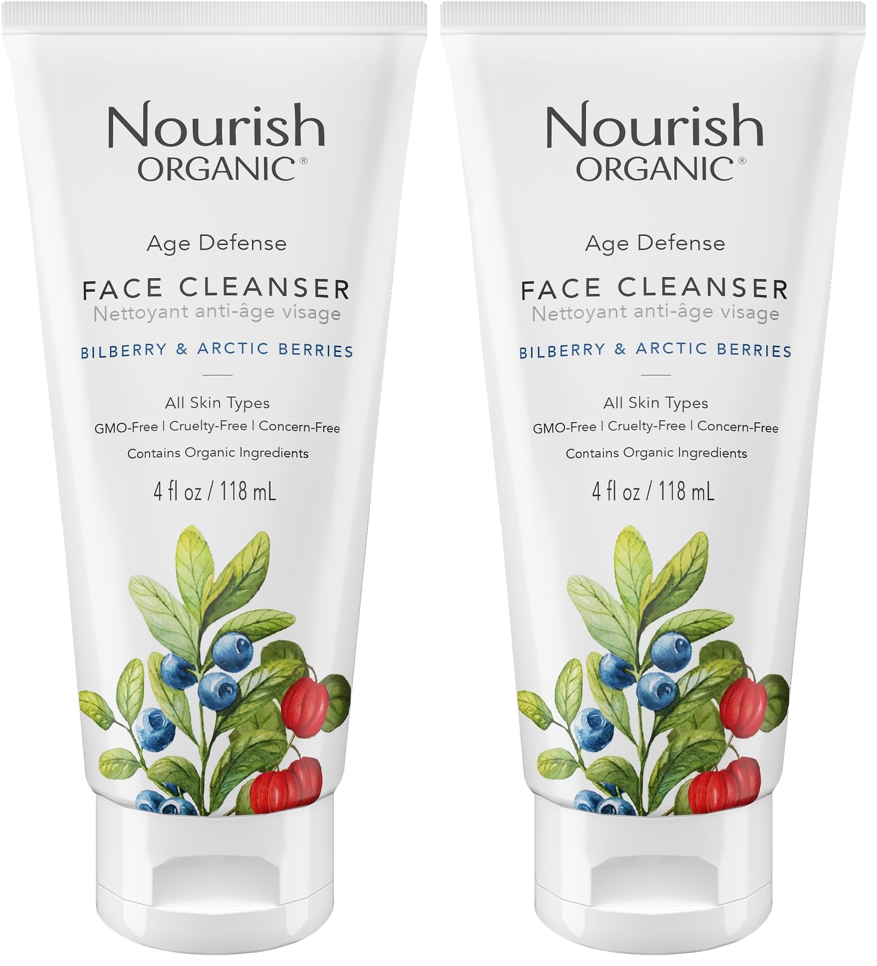 Nourish Organic Face Cleanser bottle 4oz for hydrating, anti-aging cleanse.