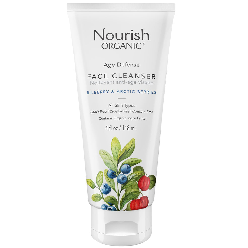 Nourish Organic Face Cleanser bottle with blueberry actives promotes bright, hydrated skin.