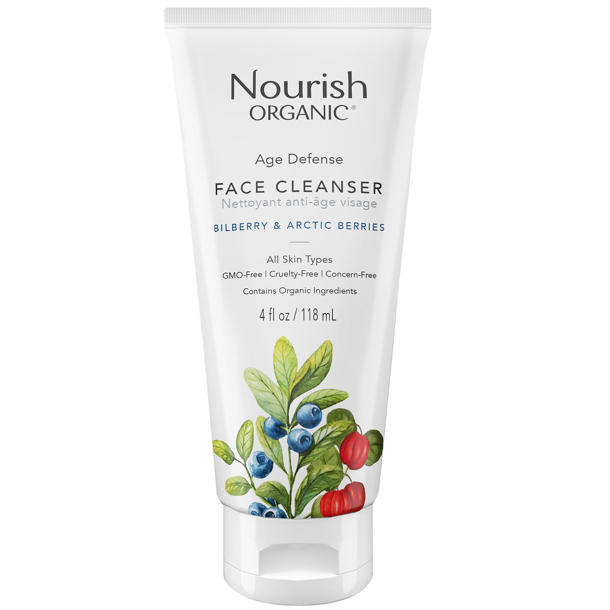 Nourish Organic Face Cleanser bottle with blueberry actives promotes bright, hydrated skin.