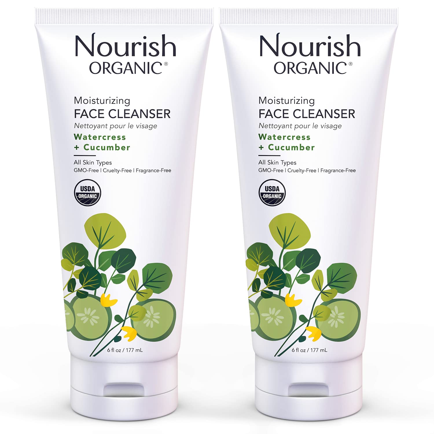 Nourish Organic face cleanser bottle front – fragrance-free hydration for all skin types.
