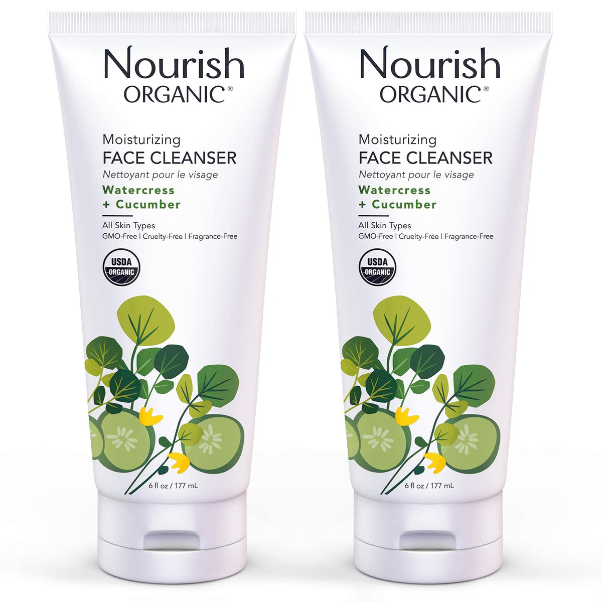 Nourish Organic face cleanser bottle front – fragrance-free hydration for all skin types.