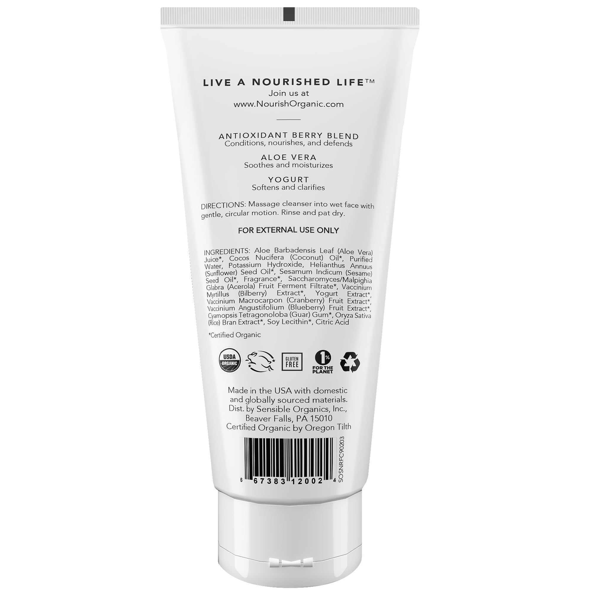 Nourish Organic Face Cleanser foam closeup shows gentle foaming texture for cleansing.
