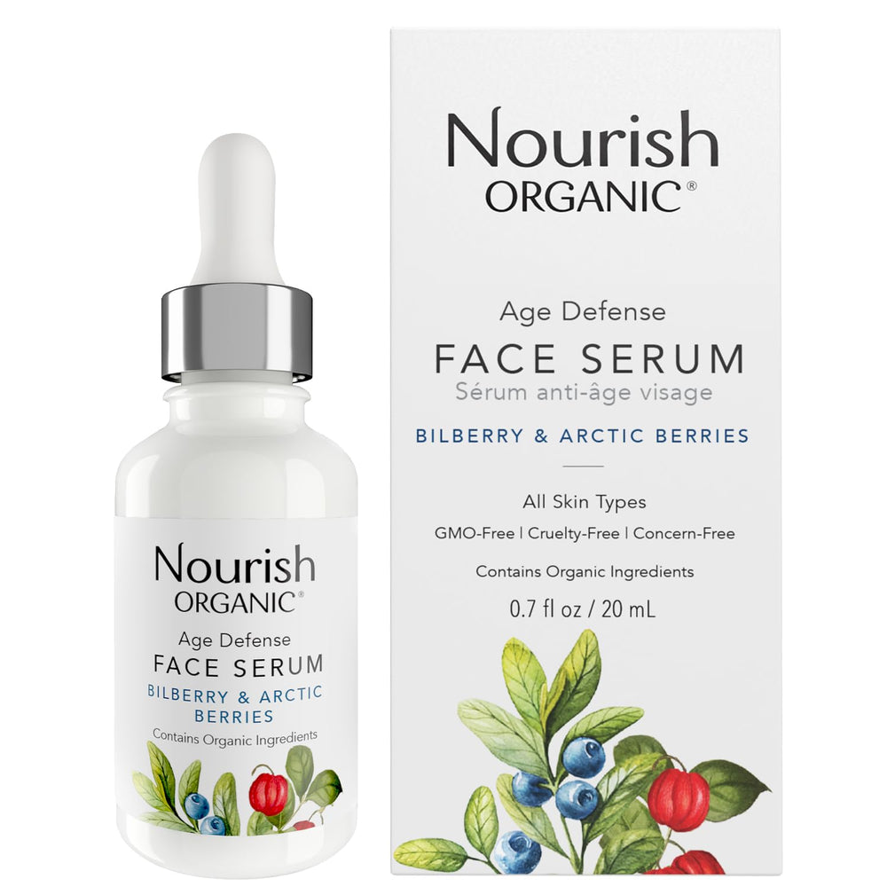 Nourish Organic Face Serum bottle pour highlights bilberry for radiant skin.