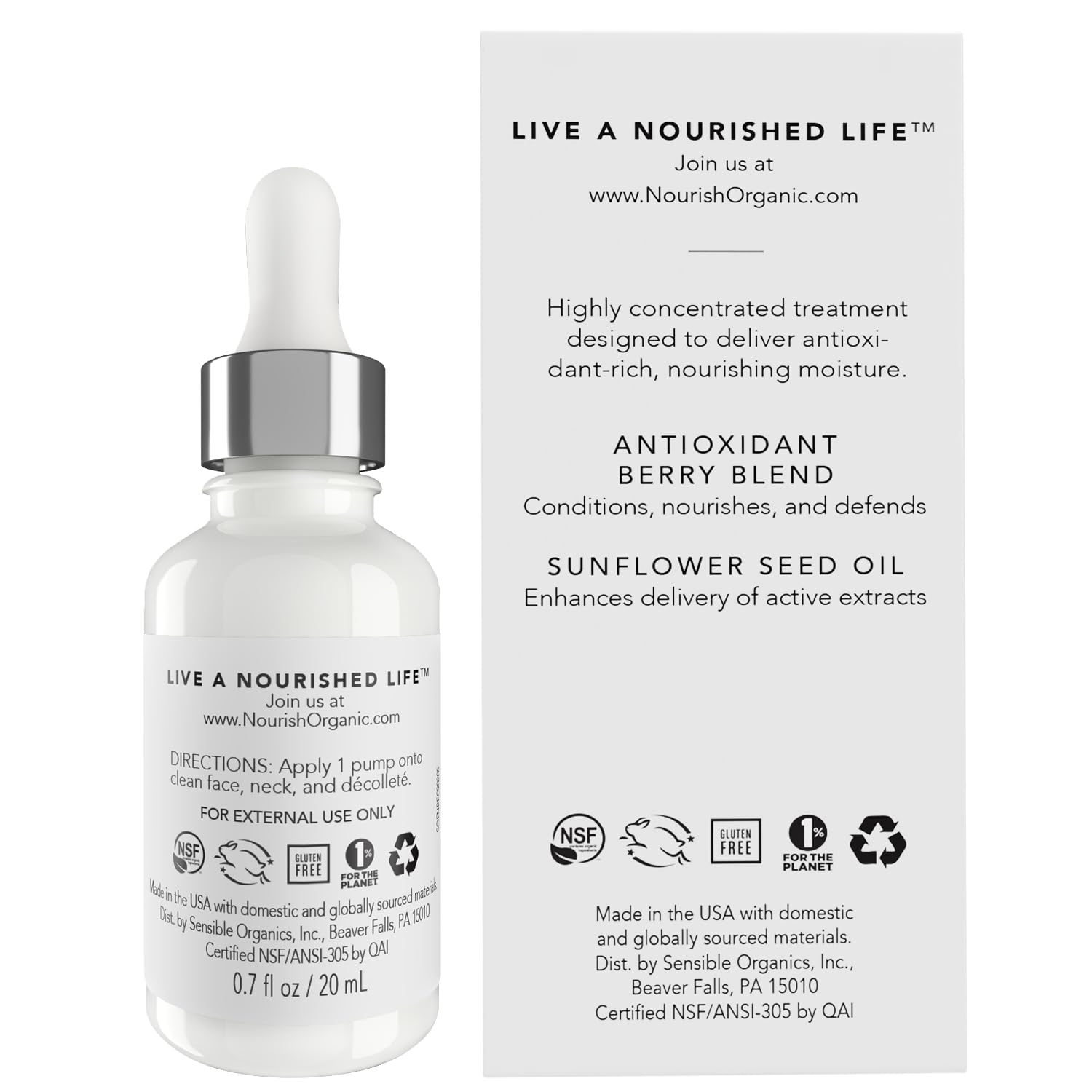 Nourish Organic Face Serum bilberry swirl texture hints at antioxidant nourishment.