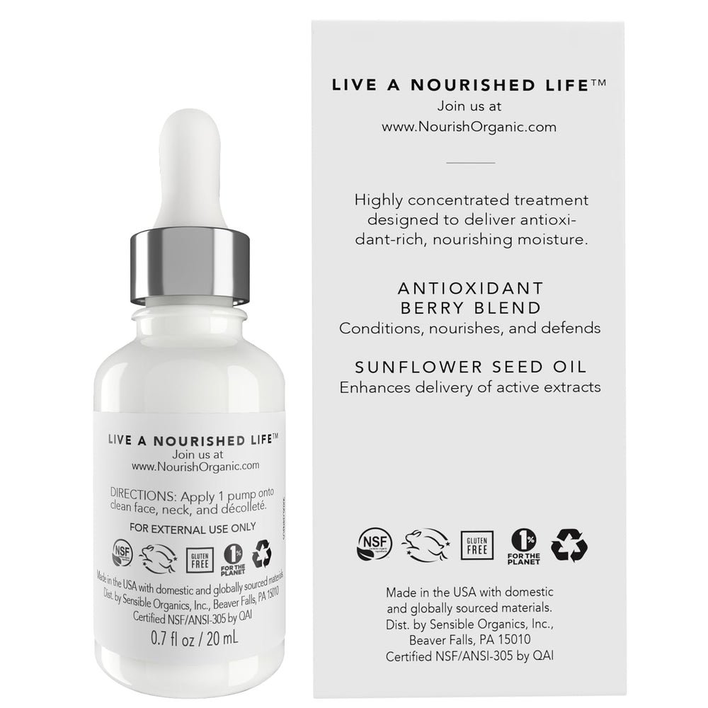 Nourish Organic Face Serum bilberry swirl texture hints at antioxidant nourishment.