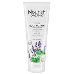 Nourish Organic Lavender Mint Body Lotion bottle for daily hydration after shower.