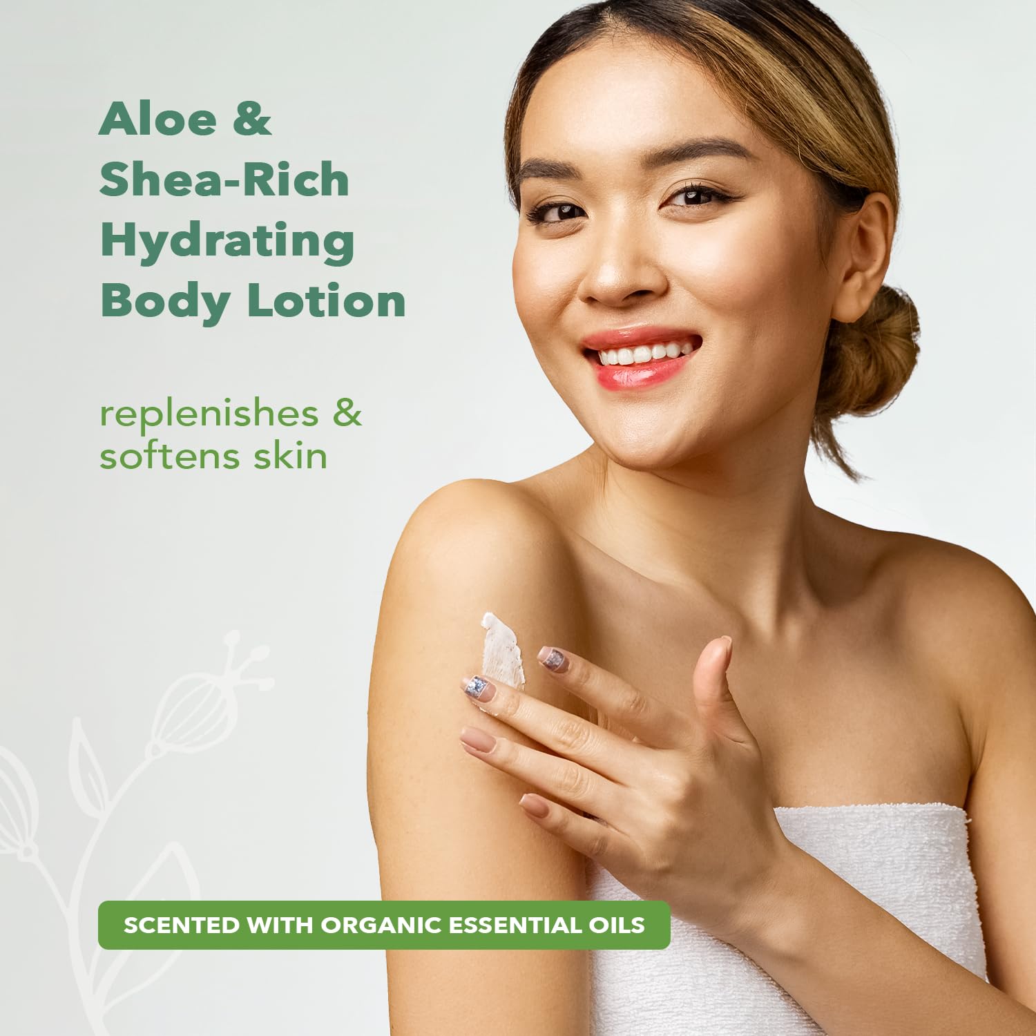 Nourish Organic Lavender Mint ingredients visual with aloe vera, shea butter, coconut oil.