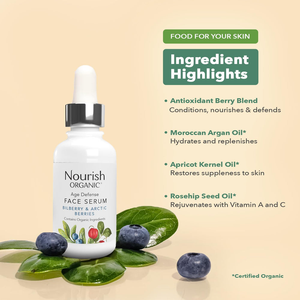 Nourish Organic serum box packaging on display highlights age defense branding.