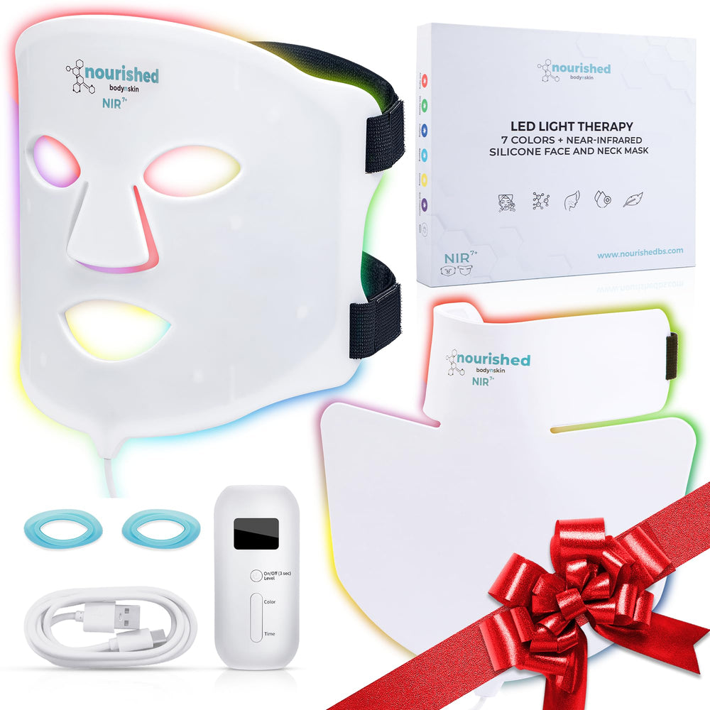 Nourished Bodynskin 7colors LED mask covers face and neck for multi-color light therapy.