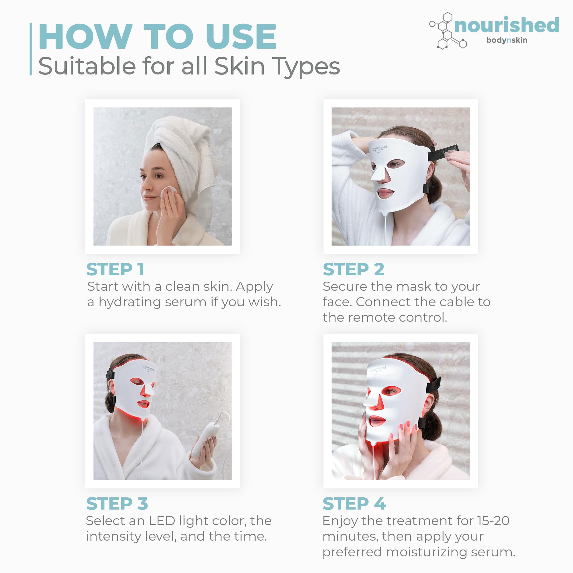 Nourished Bodynskin blue and red light therapy in action on the face for even tone.