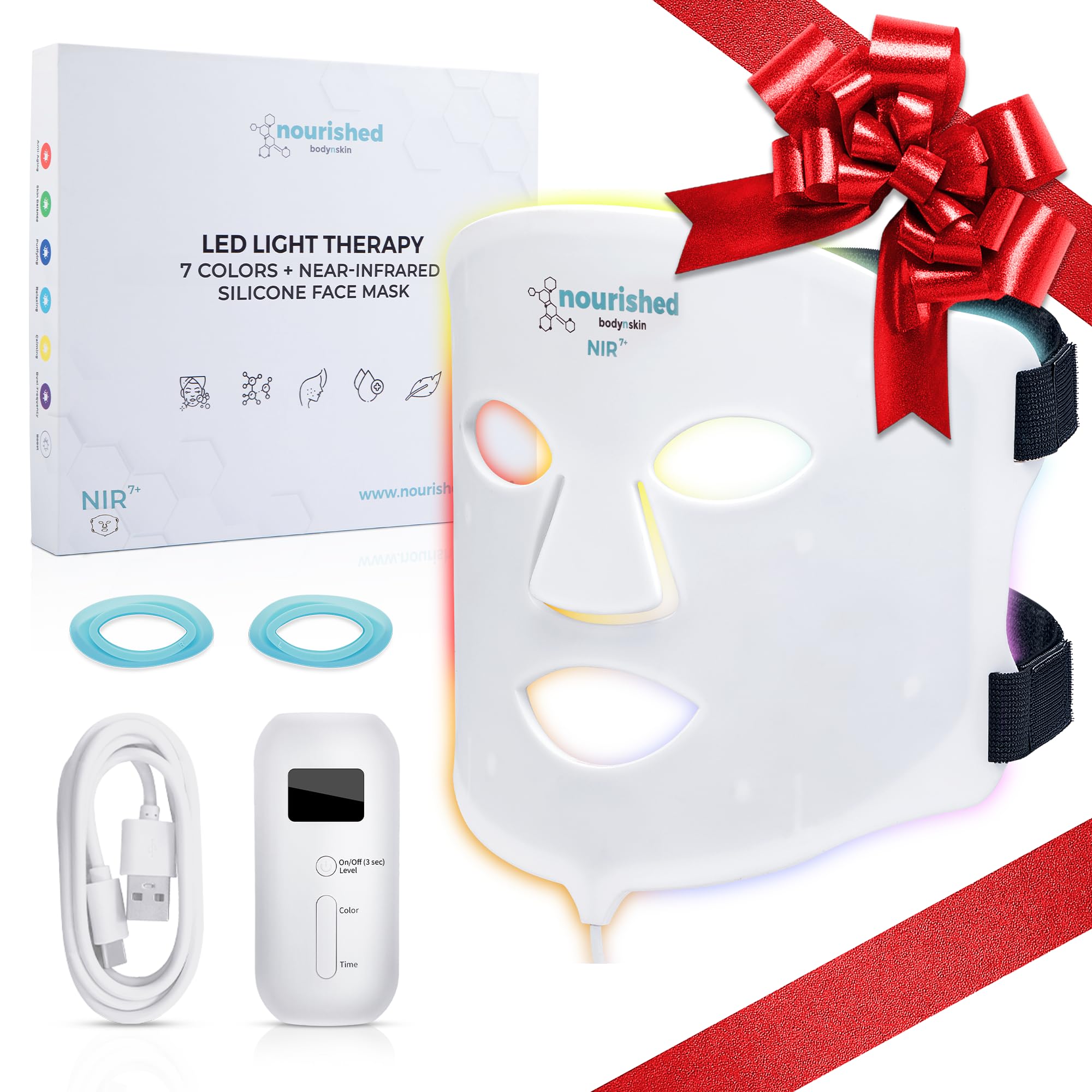 Nourished Bodynskin LED mask with seven colors for at-home skincare and coverage.