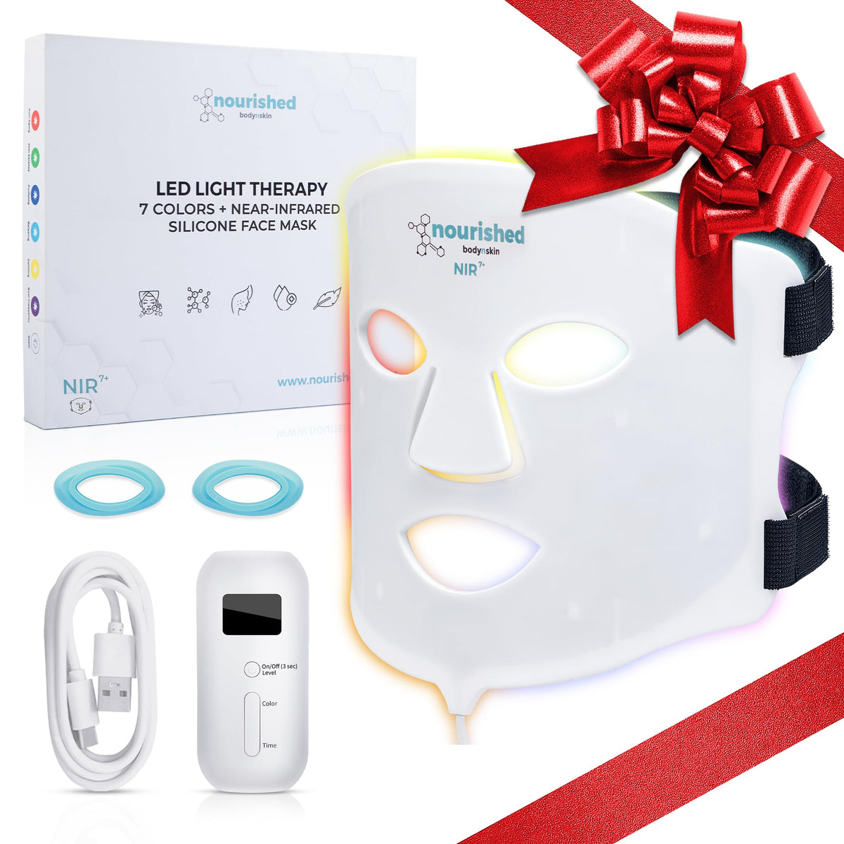 Nourished Bodynskin LED mask with seven colors for at-home skincare and coverage.