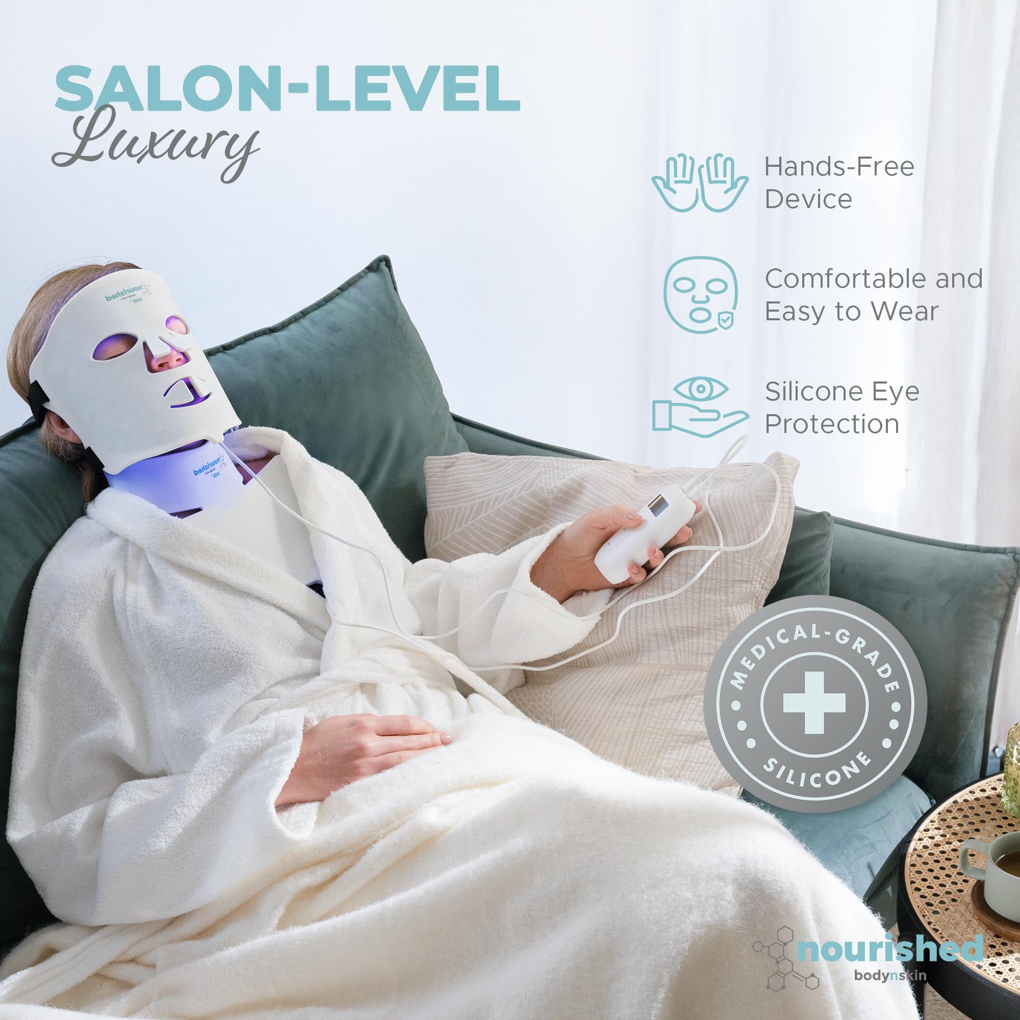 Nourished Bodynskin LED mask silicone-base construction for comfortable wear