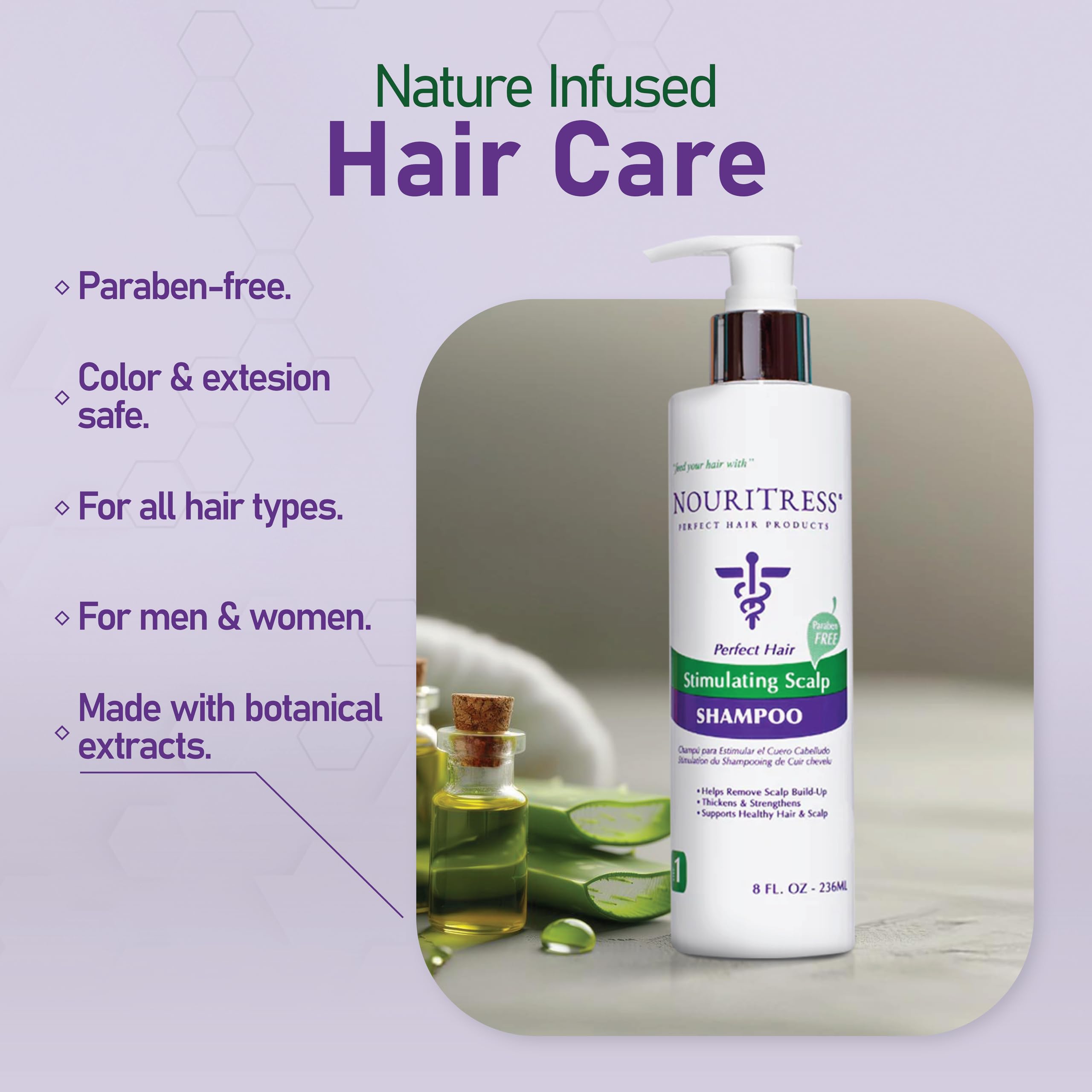NouriTress Stimulating Scalp Shampoo bottle droplets emphasize natural botanicals