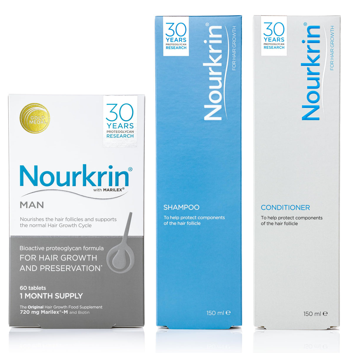 Nourkrin Man 180 tablets bottle, highlighting nutrients for hair follicles.