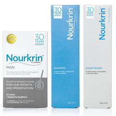 Nourkrin Man 180 tablets bottle, highlighting nutrients for hair follicles.