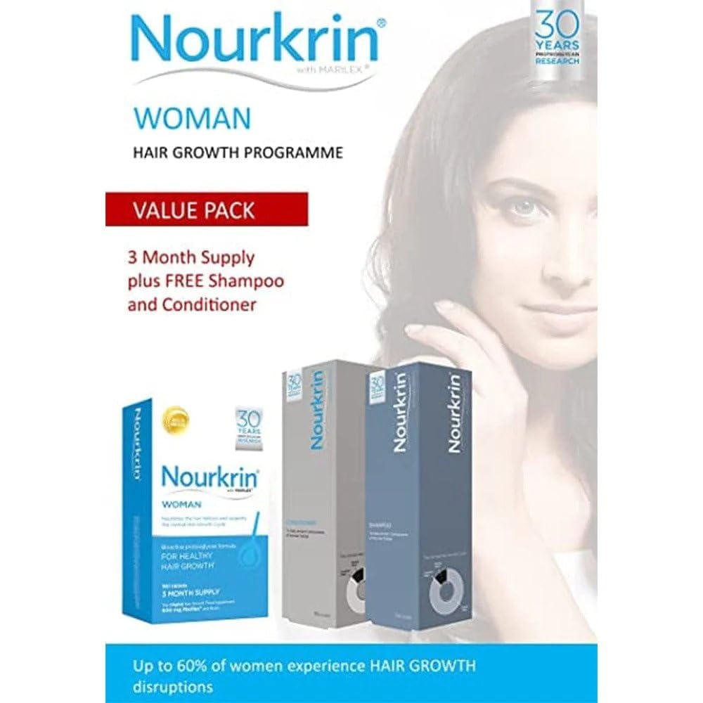 Three-month Nourkrin Woman tablet pack supports daily hair nutrition.