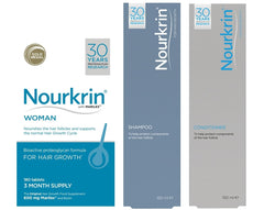 Nourkrin Woman free shampoo bottle for scalp care with value pack.