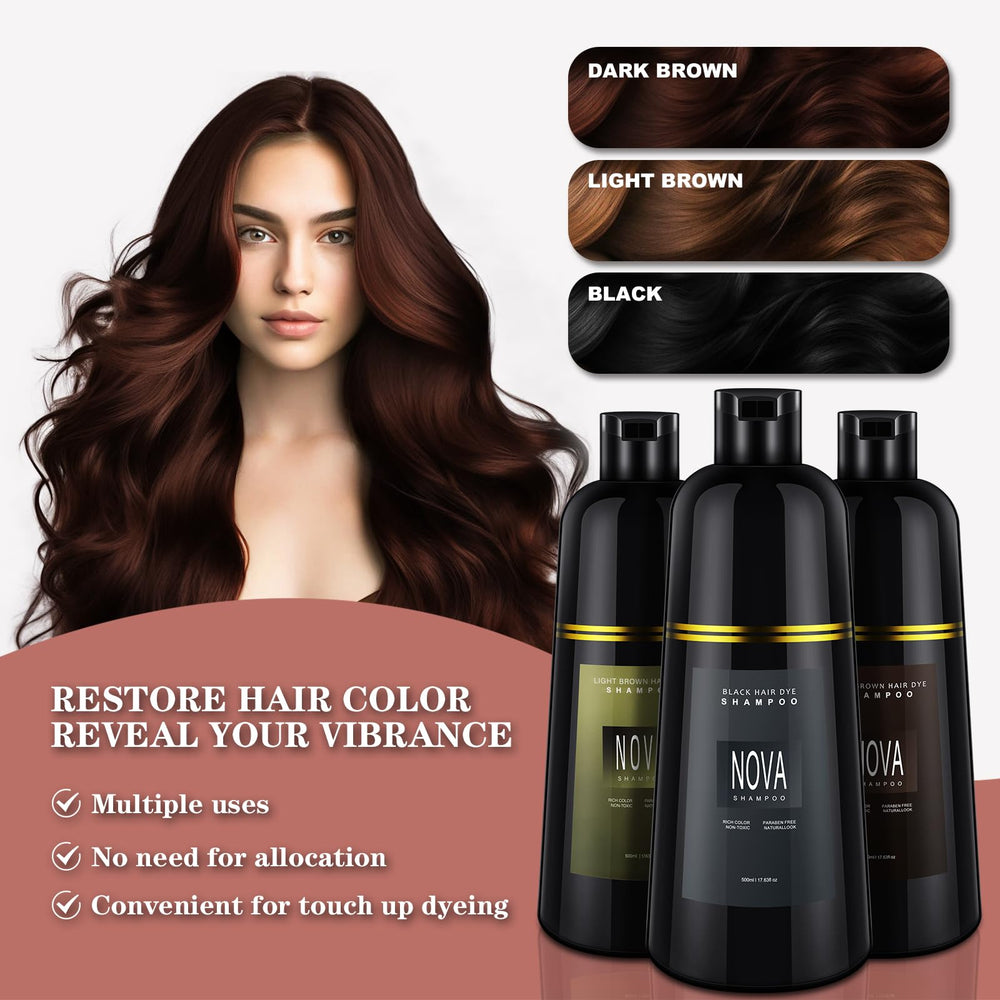 Nova Shampoo before-after display highlights visible gray coverage results.
