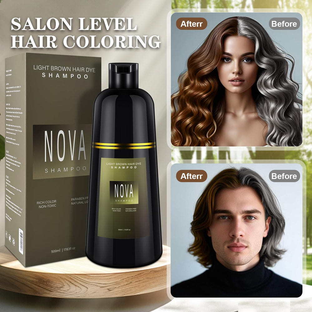 Nova Shampoo gloves-ready application shows simple, mess-free gray coverage.